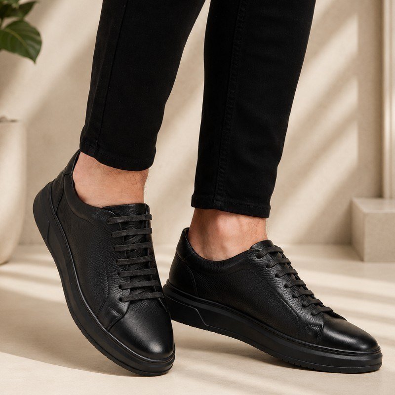 Tênis Masculino Couro Legítimo Casual Solado Alto Premium Preto (38 a 43)