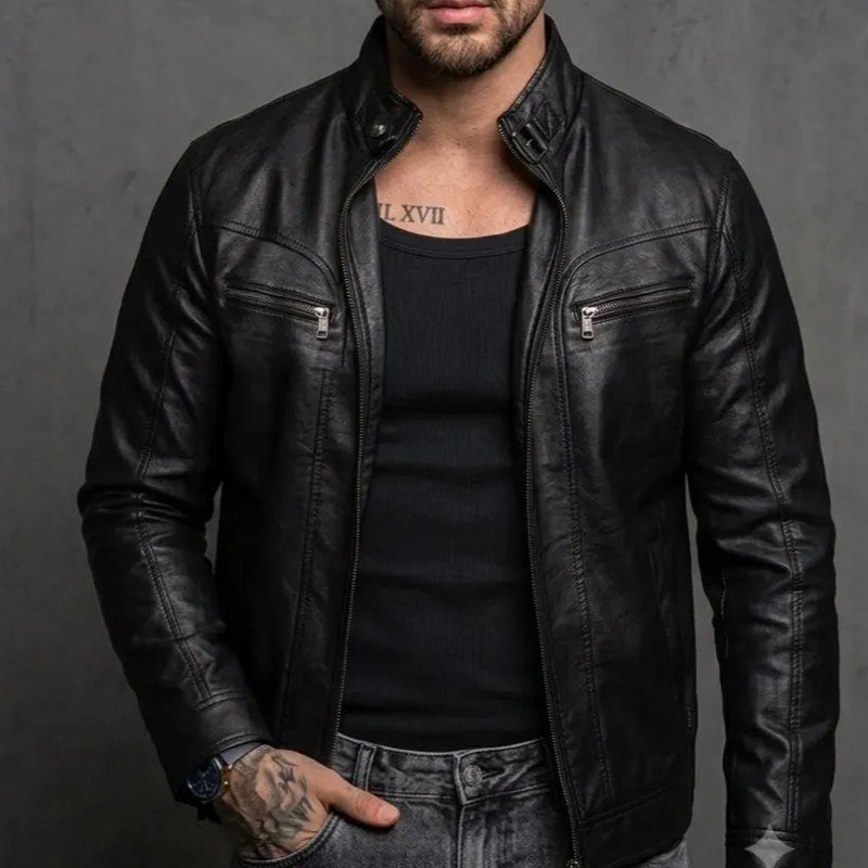 Jaqueta De Couro Masculina Slim Forrada Sem Capuz (P ao G1)