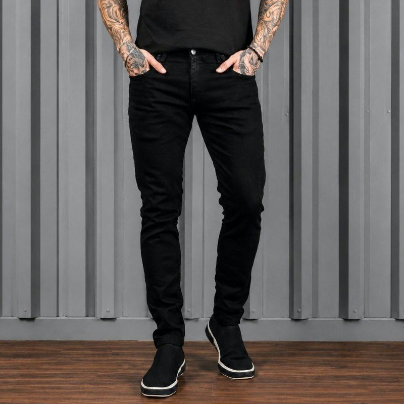 Calça Jeans Preta Super Skinny Masculina Lycra Premium