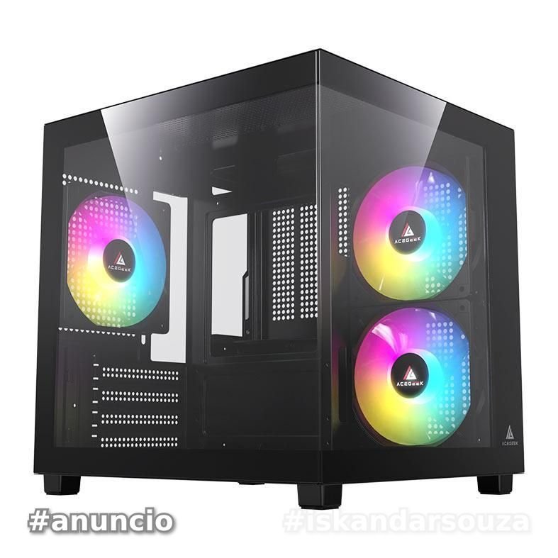 Gabinete Gamer Aquário Acegeek Ori Rainbow Mini-Tower Lateral e Vidro Com 3 Fans Preto, AG-ORI-BK-3F