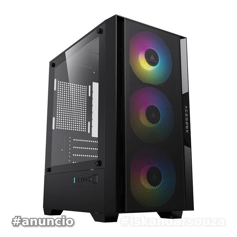Gabinete Gamer Acegeek Stratus Mesh, Rainbow, Mid-Tower, Com 3 Fans, Preto, AG-STRATUS-MESH-BK-I3F