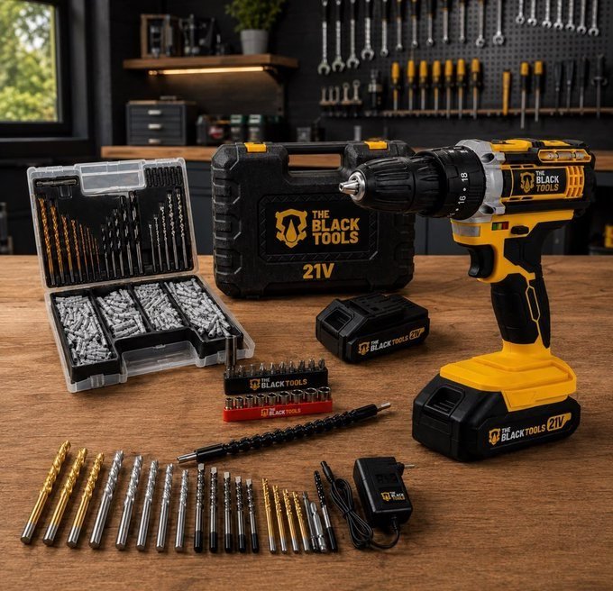 Parafusadeira Furadeira The Black Tools + Jogo de Brocas E Buchas 300 Peças 127/220v