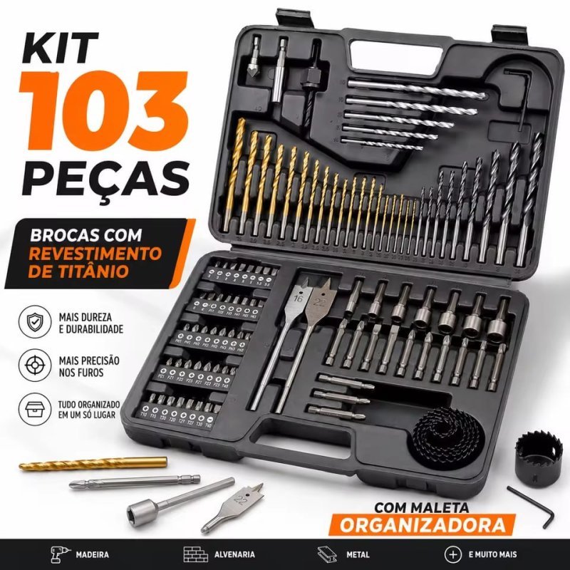 Kit de Ferramentas 103 Peças com Brocas, Chaves de Fenda, Brocas Chatas e Serras Copo Multifuncionais