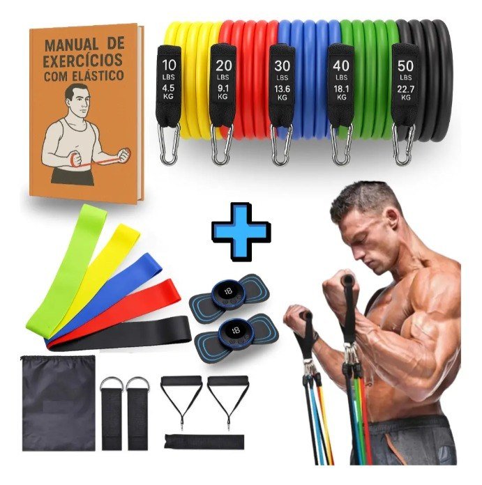 Kit 19 Itens Treino em Casa Academia Fisioterapia Extensor Faixa Elástica, Massageador e Manual