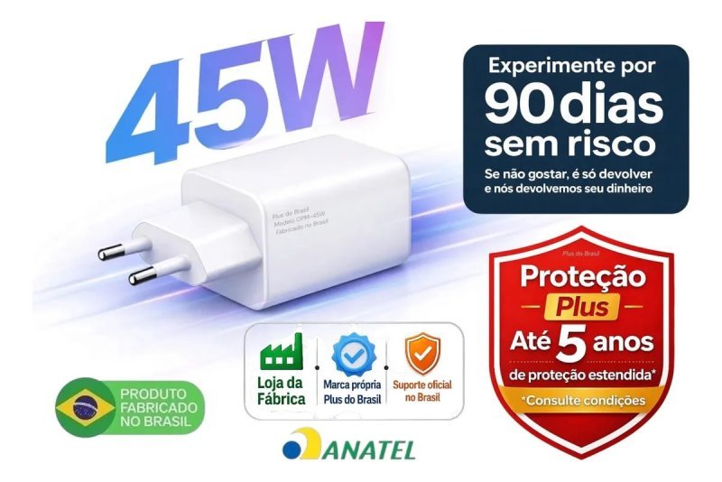 Carregador USB-C GaN 45W Plus do Brasil – Super Rápido PD/PPS