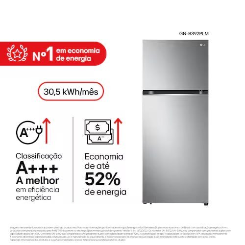 Geladeira LG Frost Free Inverter 395L Duplex Cor Inox Look (GN-B392PLM) 10 Anos de Garantia no Compressor Eficiência A+++