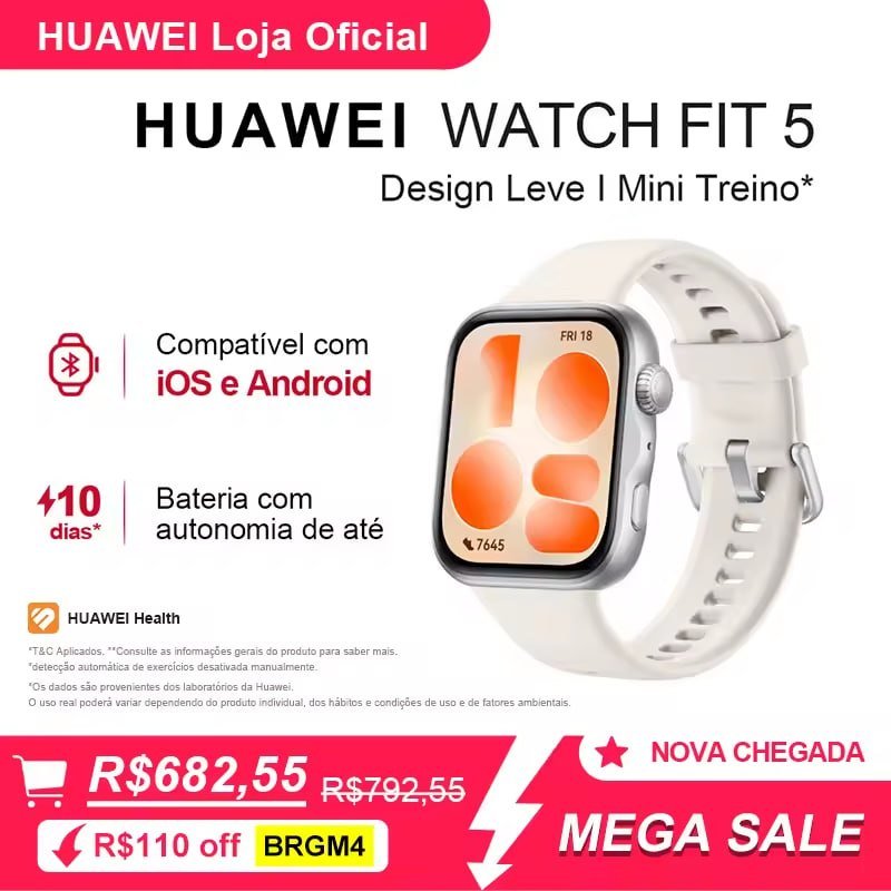 HUAWEI WATCH FIT 5 Smartwatch com Tela AMOLED de 1,82", GPS, 64 GB, Design Leve e Modos de Treino