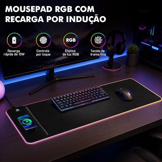 Mouse Pad Gamer RGB Grande com Carregamento sem Fio 15W