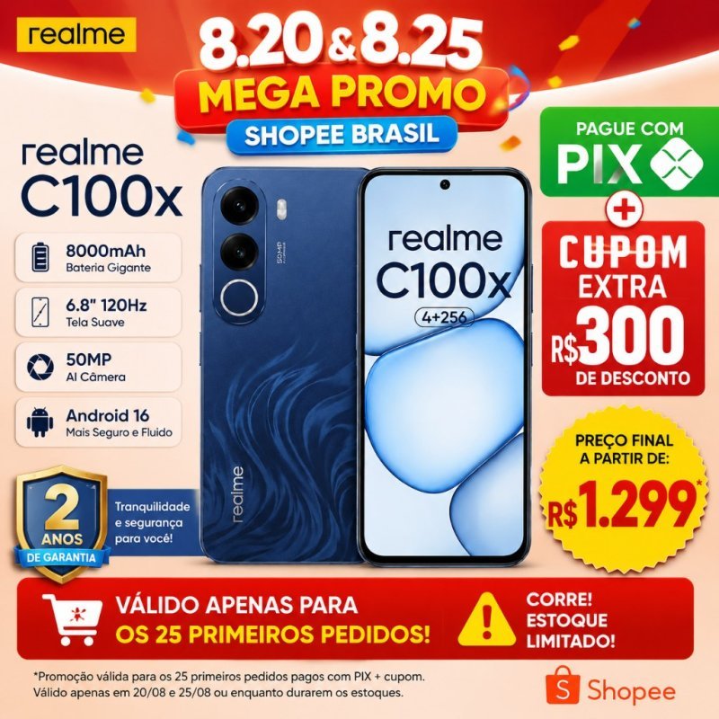 Celular realme C100X Smartphone 4+256GB Bateria 8000mAh 2ANOS E IA GARANTIA Original Versão Global NFC Tela 6.74