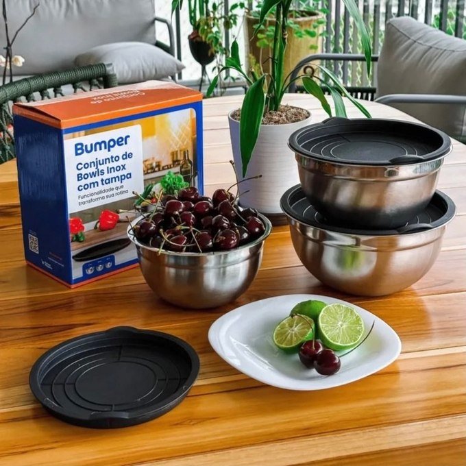 Conjunto De Bowls Tigela Inox Com Tampa Plástica Bumper