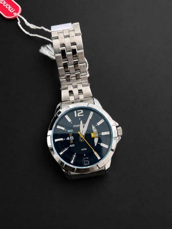 Relógio Mondaine Masculino Prata Analógico Aço Inoxidável Fundo Azul