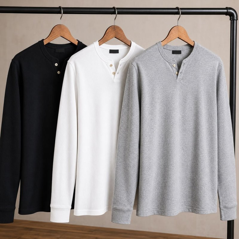Kit 3 Camiseta Henley Masculina Slim 2 Botões Manga Longa