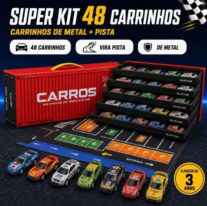 Kit 48 Mini Carrinhos Infantil Colecionador Educativos Com Pista Container Vermelho Liga Metálica Kizumba + Frete Grátis