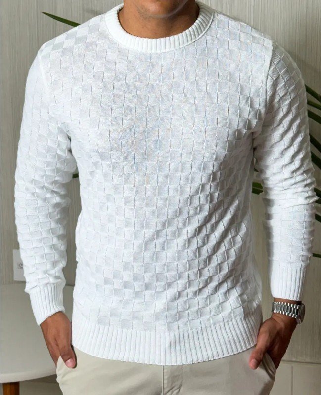 Suéter Masculino Lã Tricot Manga Longa Xadrez Blusa De Frio