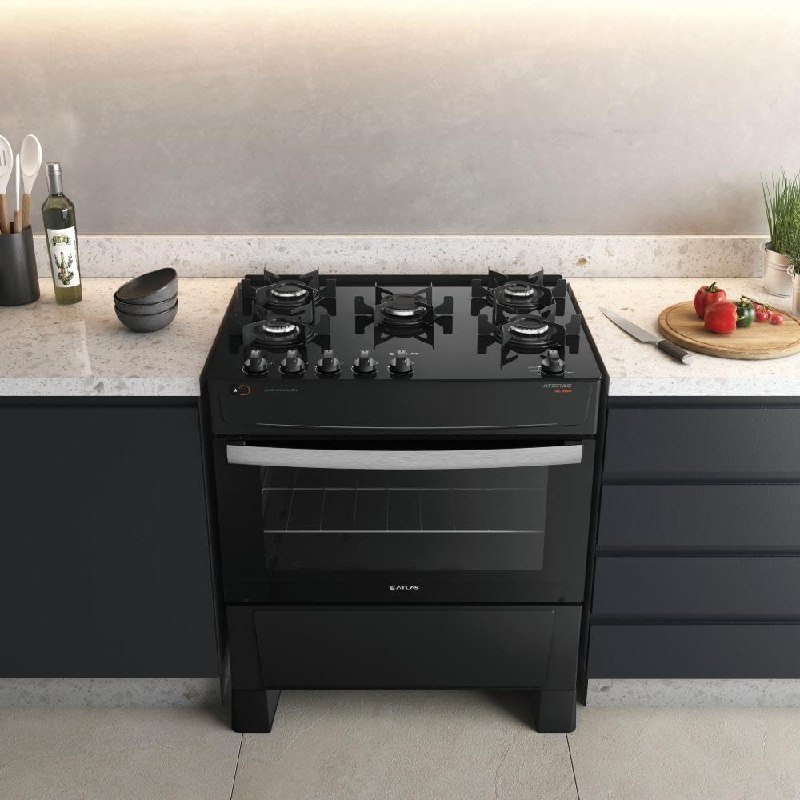Atlas Atenas 5 Bocas - Mesa Vidro - Acendimento Automático - Preto