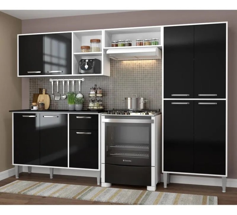 Cozinha Compacta Armário e Balcão Xangai Multimóveis VM2840 – Branco/Preto