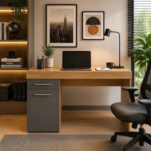 Escrivaninha Gamer com 1 Gaveta e Porta Para Home Office 115cm Grafite/Nature