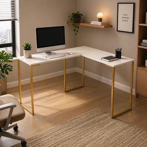 Mesa Em L Escrivaninha De Canto Para Escritório Off White Dourado