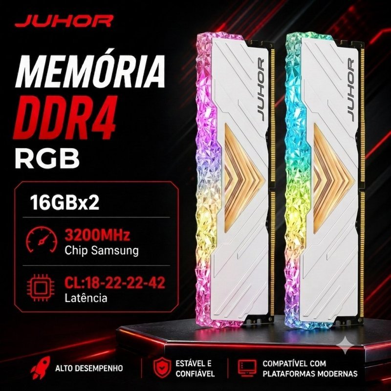 Memória DDR4 JUHOR 32GB (2x16GB) 3200MHz CL18 Gamer Desktop Alta Performance Intel AMD RGB AM4 Nova