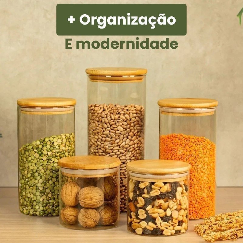 05x Vidro Hermético Transparente Tampa Bambu Porta Alimentos