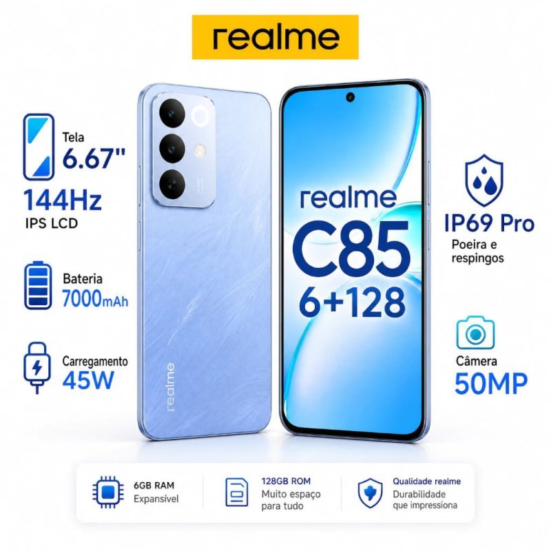 Celular realme C85 Smartphone 6+128GB Original Versão Global Bateria 7000mAh Câmera 50MP NFC 6,8"