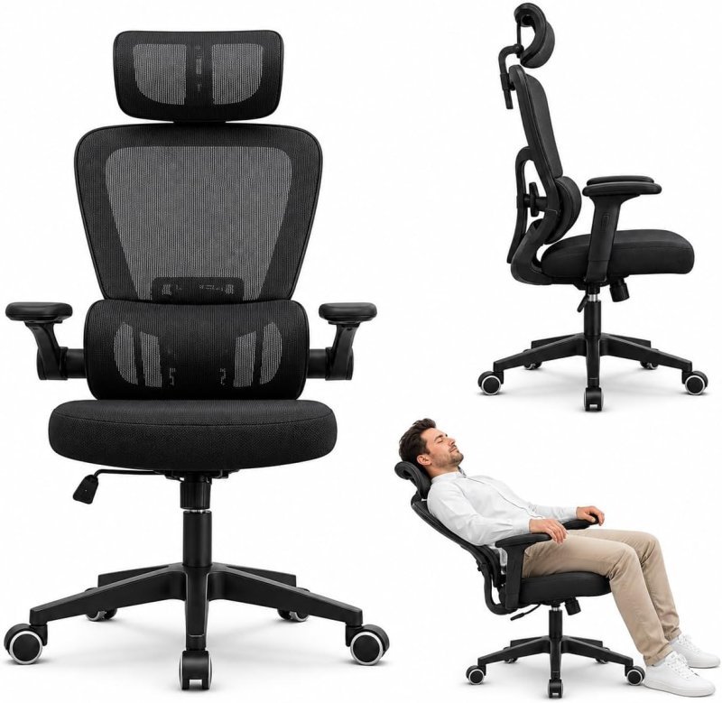 Cadeira de Escritório Presidente Ergonômica Preta Encosto Mesh Reclinável 135 Graus