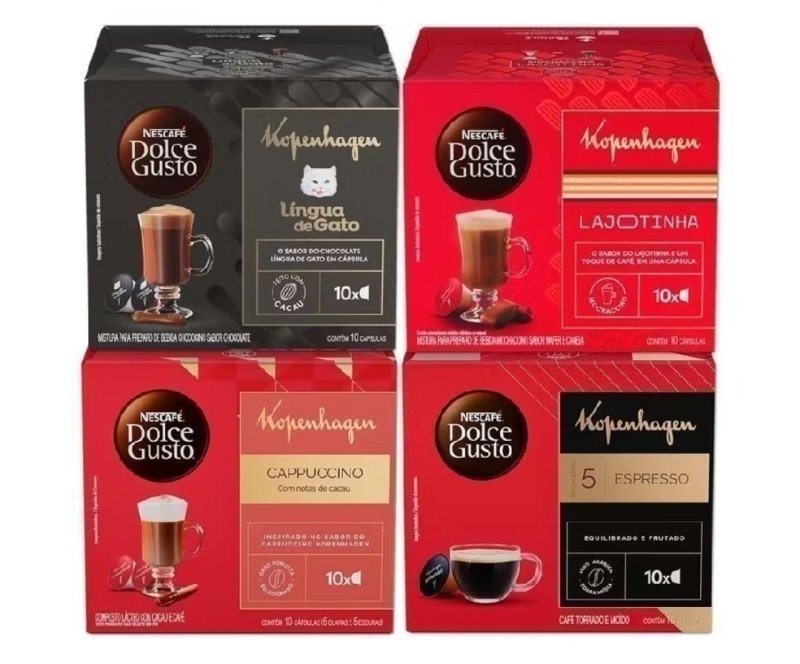 Kit Dolce Gusto + KOPENHAGEN - 40 cápsulas - Língua de Gato, Lajotinha, Cappuccino e Espresso