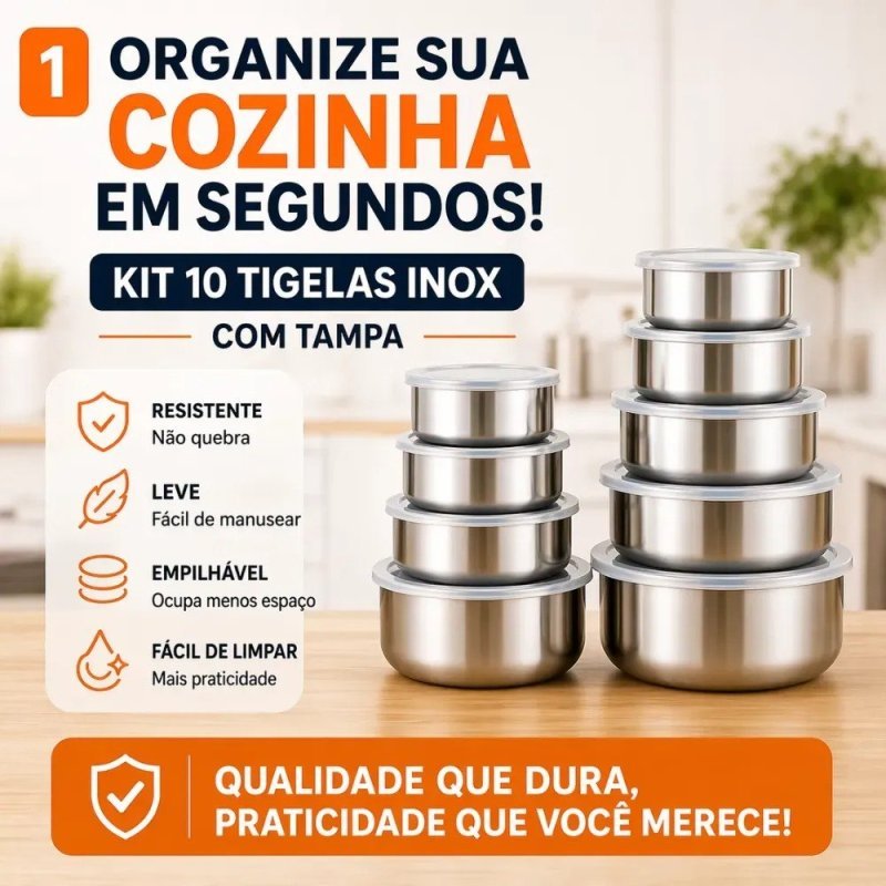 CONJUNTO COM 10 POTES TIGELAS EM INOX COM TAMPA