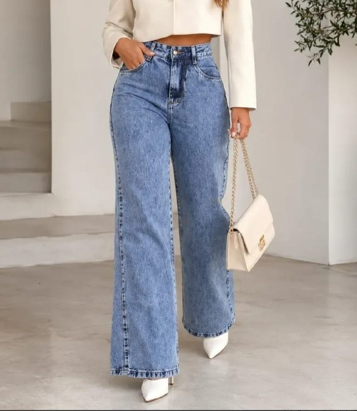 Calça Jeans Pantalona Wide Leg Feminina Cintura Alta Larga