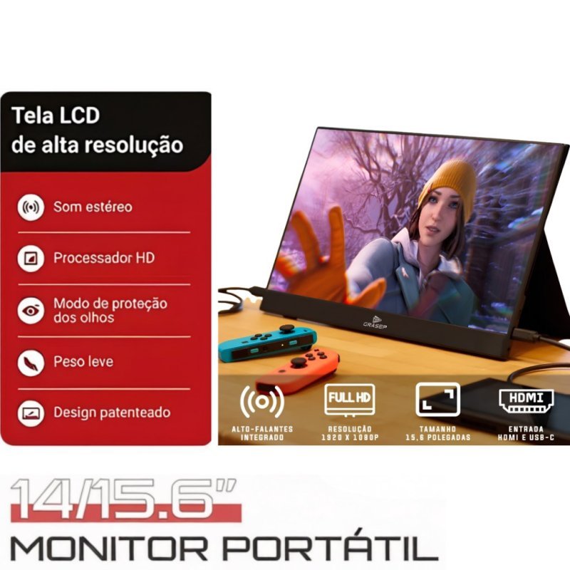 Monitor Portátil IPS 14/15,6 Polegadas 1920x1080 1920x1200 60Hz Tela Touch 72% sRGB HDMI Tipo‑C