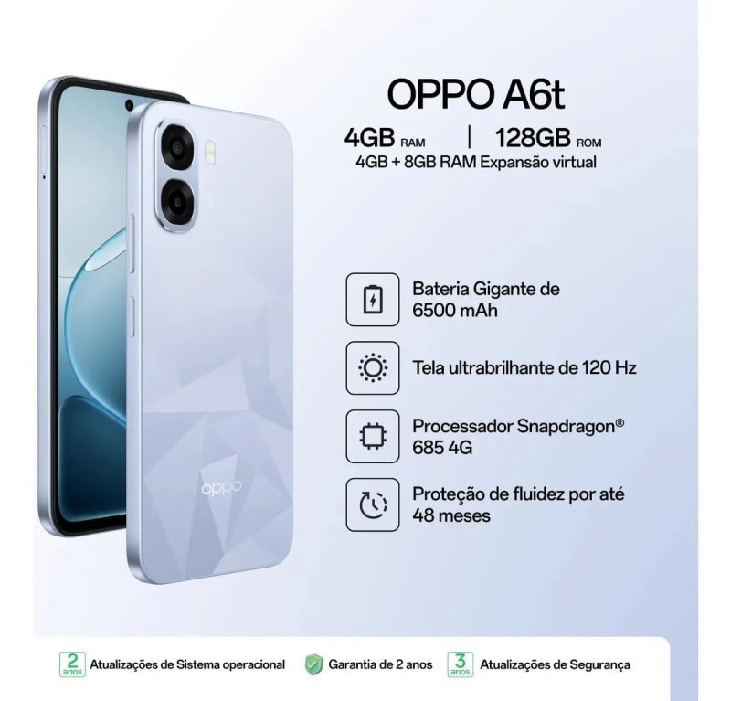 OPPO A6t 128GB 12GB RAM - Bateria 6500mAh - Câmera AI - Azul Cristal