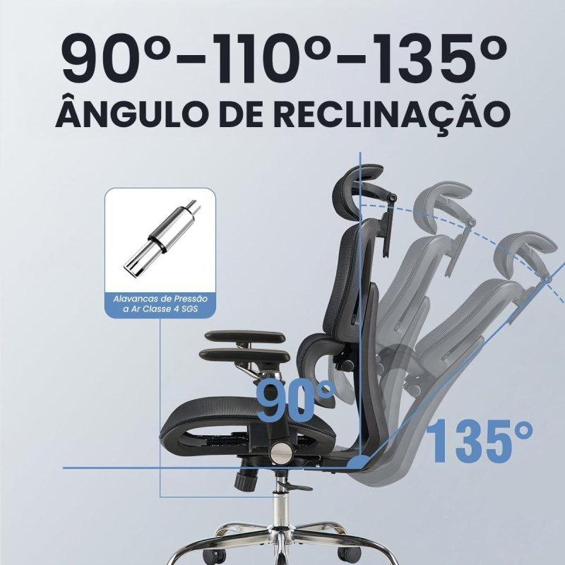 Cadeira Ergonômica Reclinável Mesh com Apoio Lombar e Braços 6D