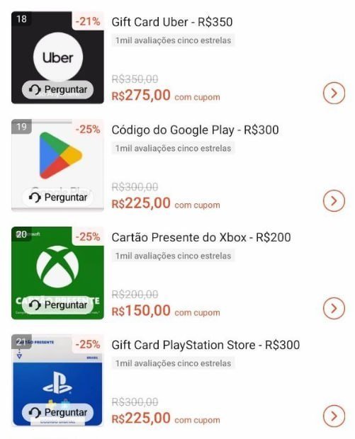 Gift Card com Desconto na Live no APP