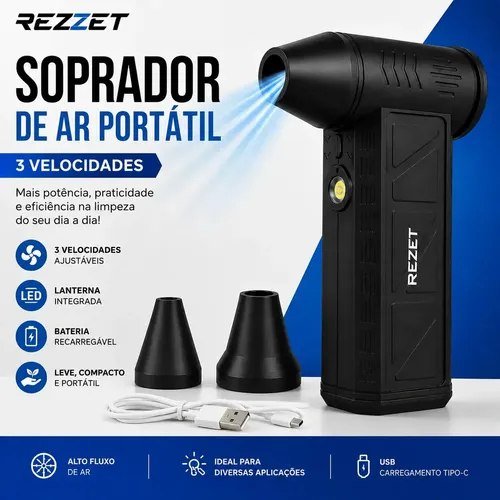 Soprador De Ar Mini Turbo Portátil Usb Sem Fio Recarregável Para Limpeza Com 2 Bicos E Inflar Preto 127/220v