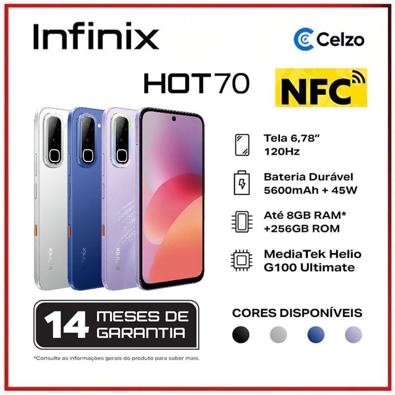 Smartphone Infinix HOT 70 4G 256GB 8GB RAM Tela 6.78” 120Hz Dimensity 7050 Bateria 6000mAh Android 16 NFC