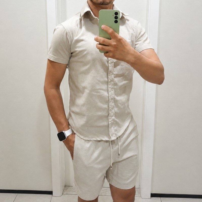 Conjunto Masculino Linho Camisa Shorts Mauricinho Com Bolso