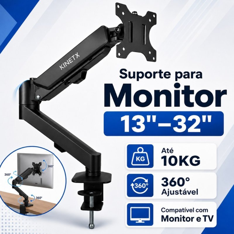 Suporte Articulado para Monitor e TV 13" a 32" com Pistão a Gás Ajustável Universal Preto
