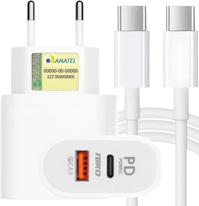 Carregador Turbo 45W Porta Dupla (USB-A + USB-C) + Cabo Ultra Rápido de 1M