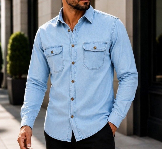 Camisa Jeans Social Slim Manga Longa + Frete Grátis
