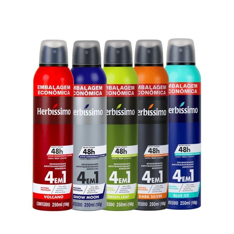 Kit Desodorante Antitranspirante Aerossol Herbíssimo 250ml Embalagem Econômica Fragrâncias Variadas (5 unidades)