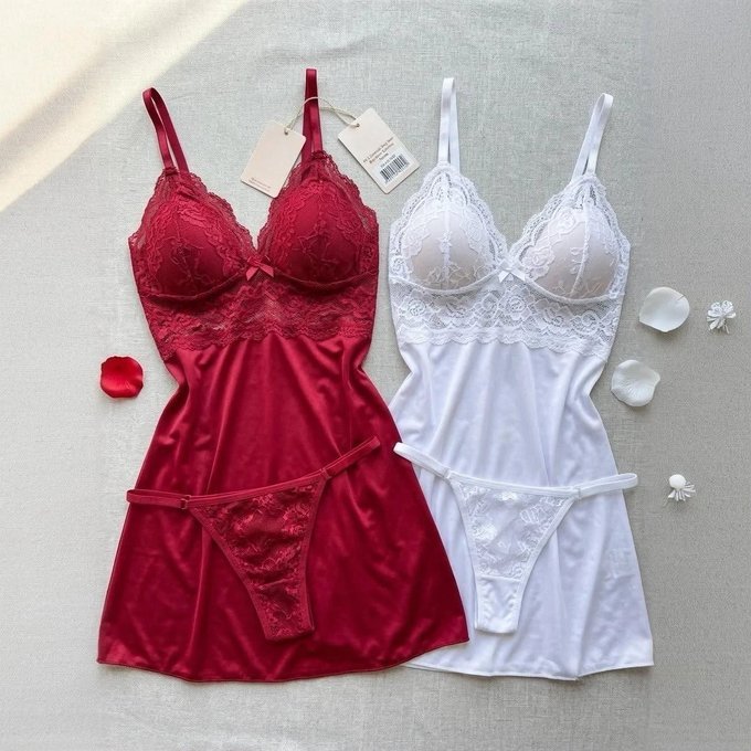 Kit com 2 Camisola Sexy Sem Bojo com Calcinha Renda + Frete Grátis