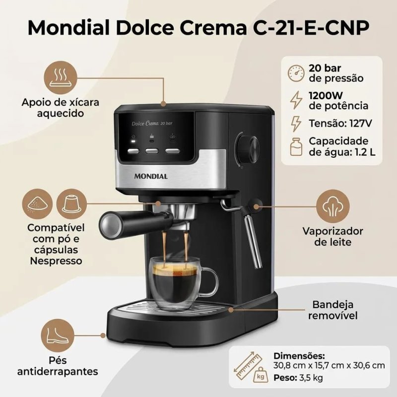 Cafeteira Espresso Dolce Crema 20 Bar Mondial 1200W Preto/Inox