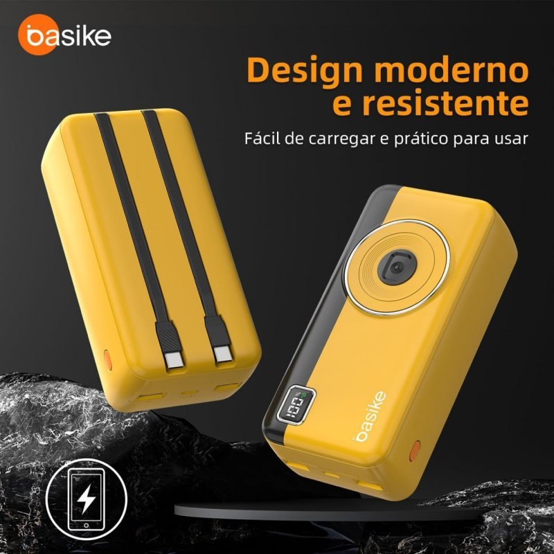 Basike Power Bank 30000mAh - Carregador Portátil - 2 Saídas USB 22.5W - Amarelo