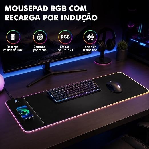 Mouse Pad Gamer RGB Grande com Carregamento sem Fio 15W
