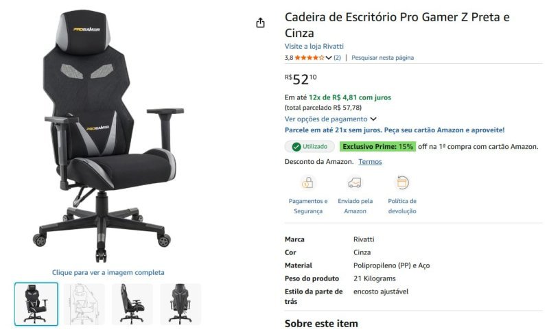 Cadeira de Escritório Pro Gamer Z Preta e Cinza