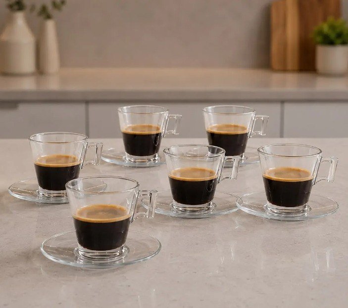 Jogo 6 Xícaras De Café Com Pires Vidro 80ml Clear + Frete Grátis