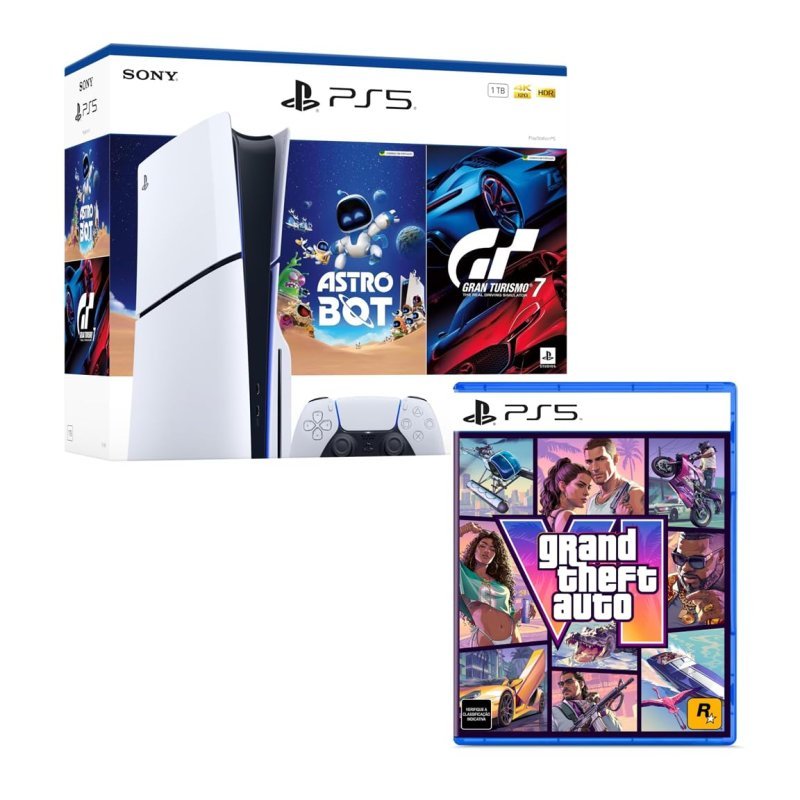 Bundle GTA VI + PlayStation 5 Slim Disk Pacote Astro Bot e Gran Turismo 7