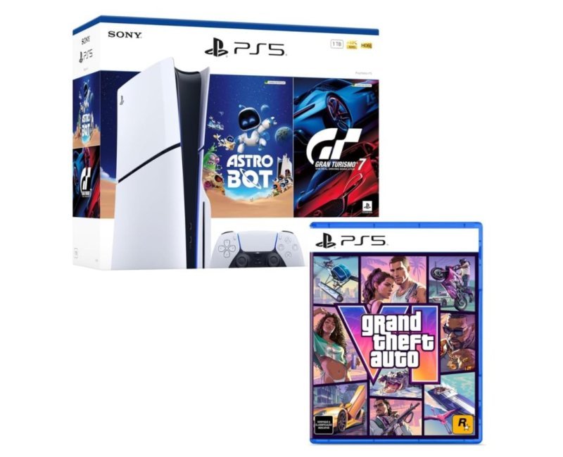 Bundle GTA VI + PlayStation 5 Slim Disk Pacote Astro Bot e Gran Turismo 7