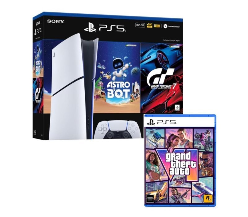 Bundle GTA VI + PlayStation 5 Slim Digital 825GB Pacote Astro Bot e Gran Turismo 7
