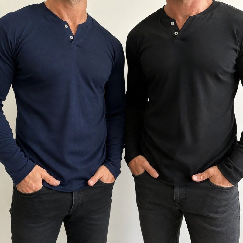 Kit 2 Camiseta Henley Masculina Manga Longa Slim 2 Botões